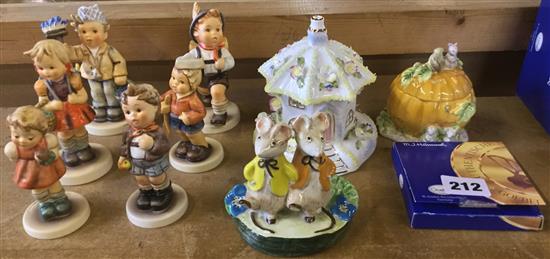 6 Hummel figures, Beswick Kitty McBride group, Coalport pumpkin, cottage, some boxed